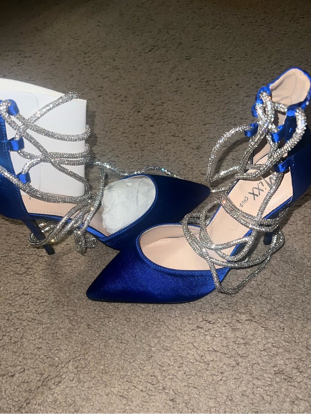 Satin Lace-Up Pointed Toe Heels in Royal Blue - Picture 2 of 3